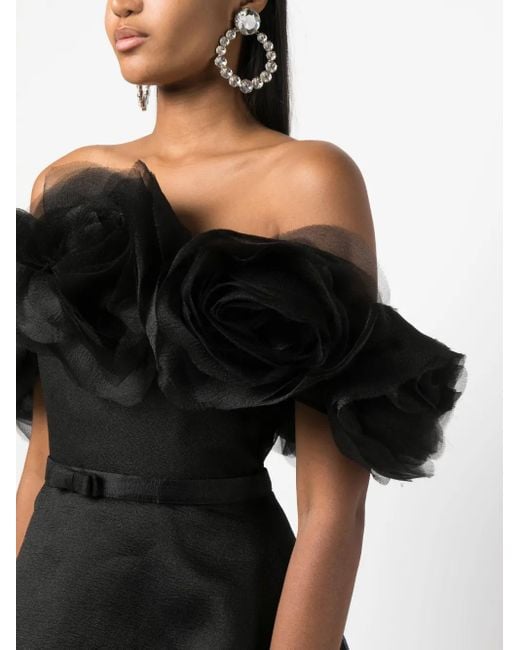 Ana Radu Black Floral-Appliqué Organza Layered Dress