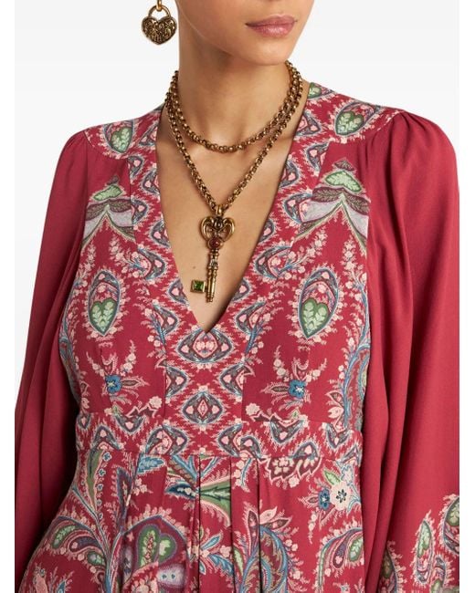 Etro Red Paisley-Print Pleated Dress