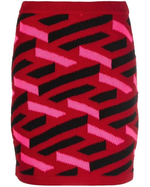 Versace Red Geometric Intarsia Knitted Skirt