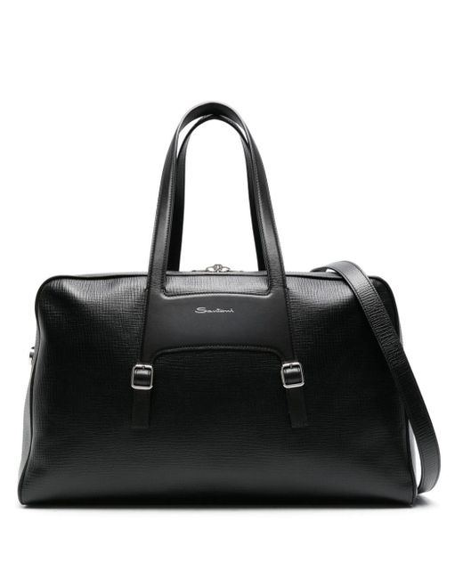 Santoni Black Zip-up Leather luggage Bag for men