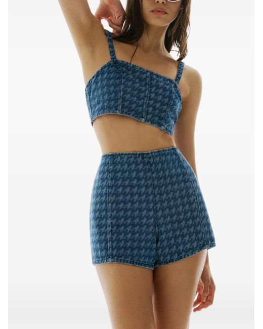 Perfect Moment Blue Houndstooth-Pattern Square-Neck Top