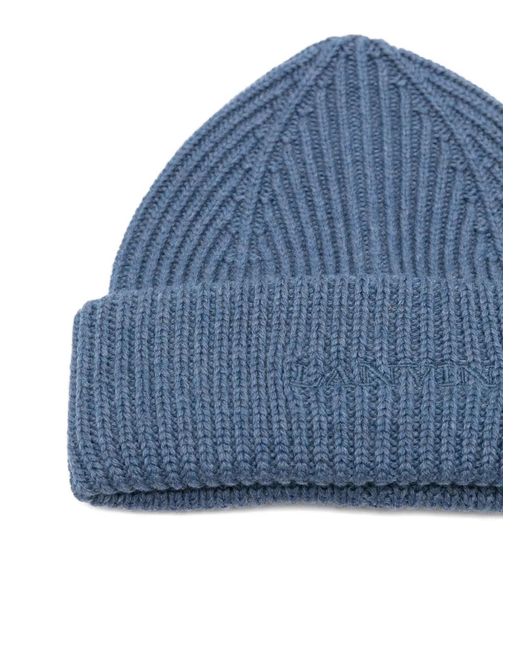 Lanvin Blue Ribbed-Logo Beanie Hat for men