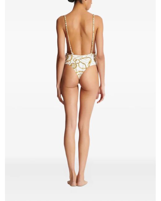 Balmain White Chaînes-Pattern Swimsuit