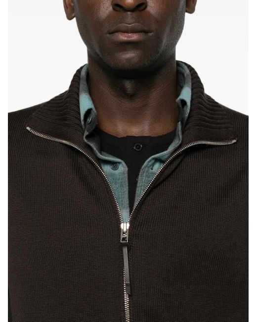 Tom Ford Brown Leather-Elbow Patch Zip-Fastening Cardigan for men