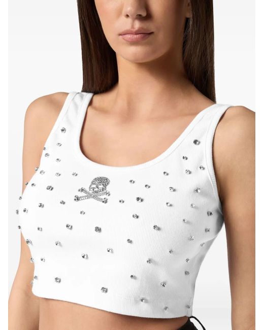 Philipp Plein ラインストーントリム トップ White