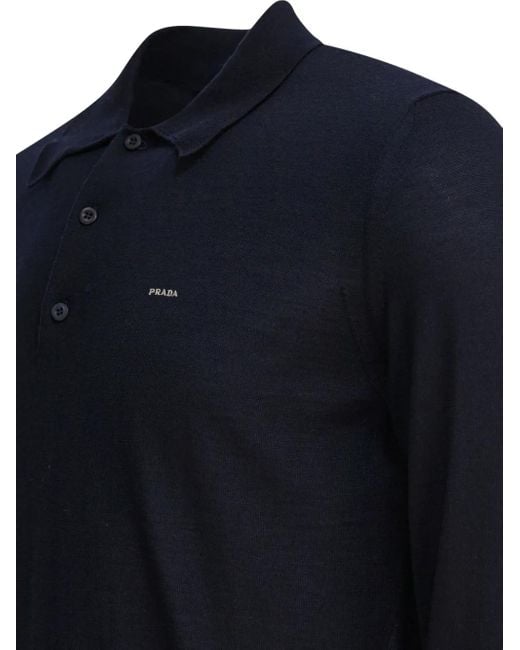 Prada Blue Wool Polo Shirt With Long Slevees for men