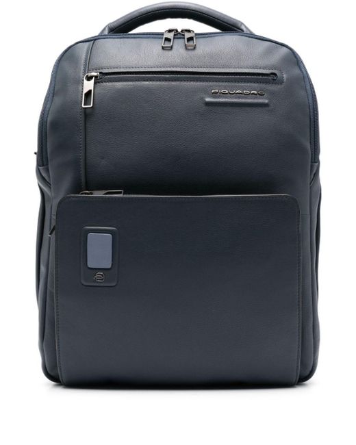Piquadro Blue Akron Logo-lettering Leather Backpack for men