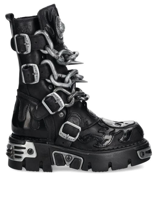 New Rock Black Flame-Skull Chain Boots