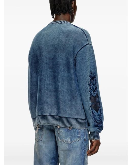 DIESEL Blue Destroyed Jumper With Floating Yarn Logo for men