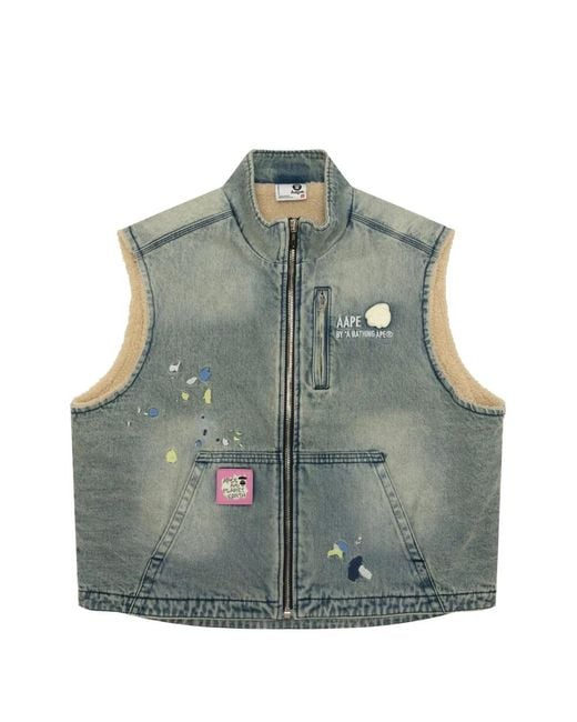 Aape By A Bathing Ape Gray Paint-Splatter Denim Gilet for men