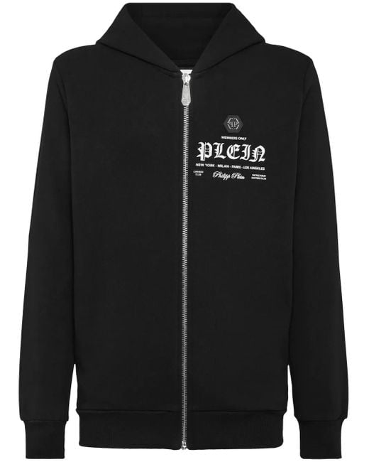 Philipp Plein Black Logo-Print Zipped Hoodie for men