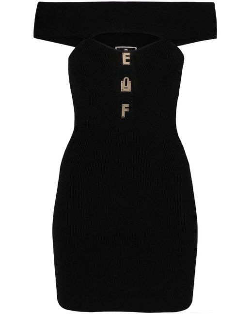 Elisabetta Franchi Black Geripptes Minikleid mit Logo-Schild