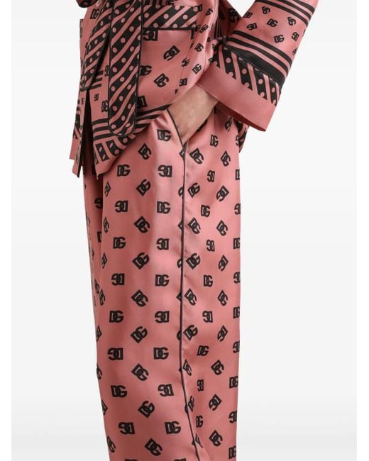 Dolce & Gabbana Red Silk Logo Print Wide-Leg Trousers