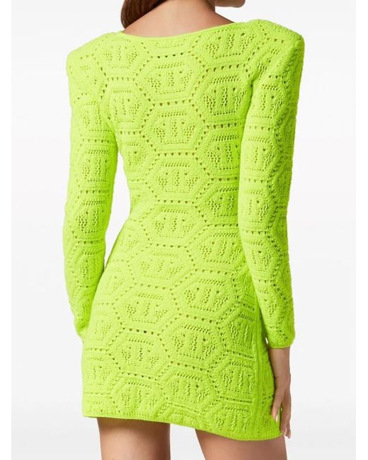 Philipp Plein Green Monogram-Intarsia Mini Dress