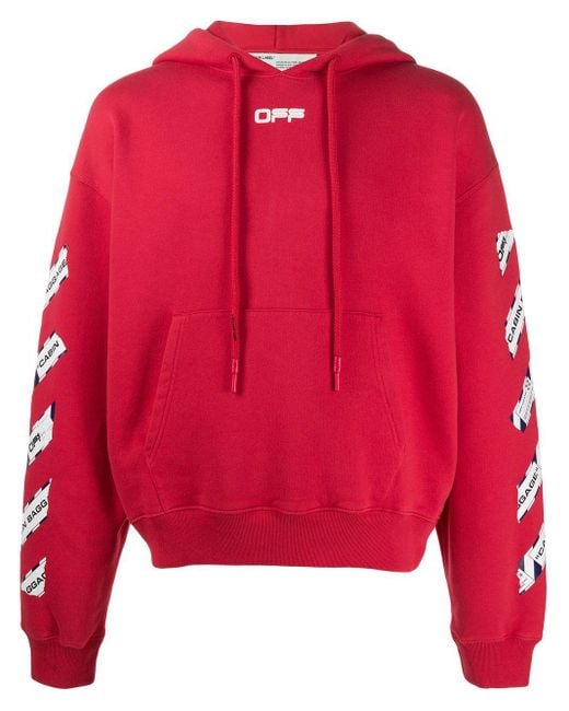 Off-White c/o Virgil Abloh Red Airport Tape Print Hoodie for men