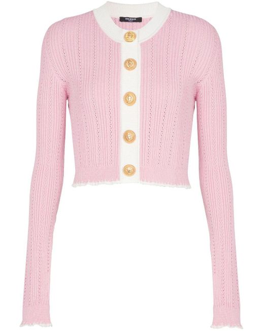 Balmain Pink Pointelle-knit Cropped Cardigan