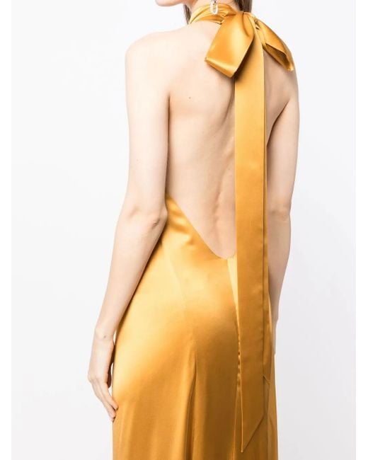 Michelle Mason Metallic Backless Halter-Neck Tie Gown