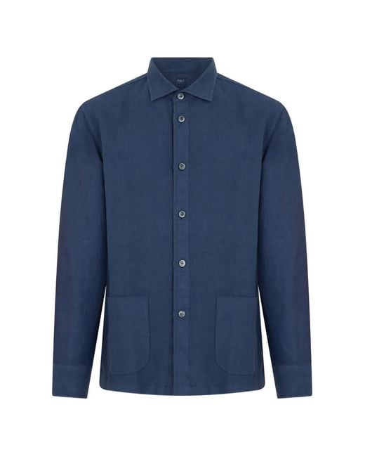 Fedeli Blue Linen Patch-Pocket Shirt for men