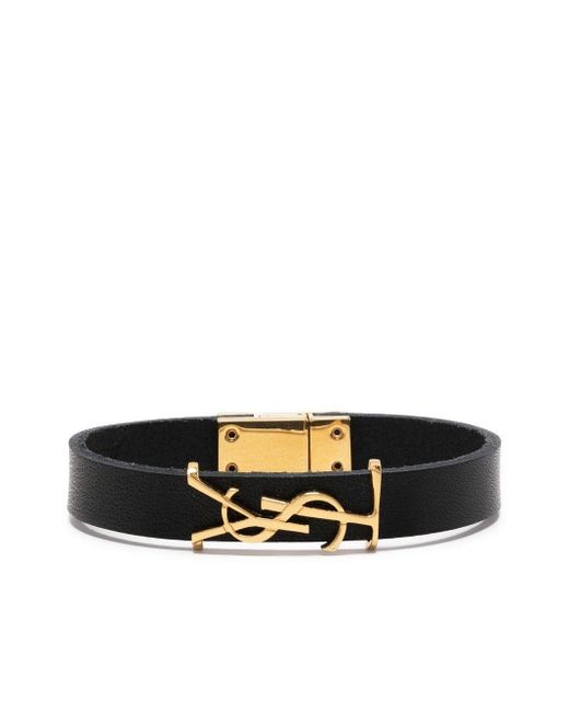 Saint Laurent Black Ysl-Charm Leather Bracelet for men