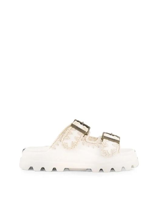 Mou White Eva Crochet-Trim Buckle Slides