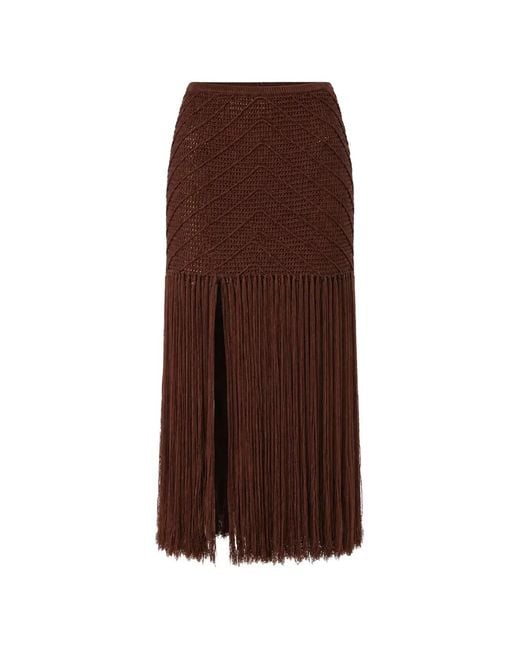 Devon Windsor Brown Crochet-Knit Fringed Maxi Skirt