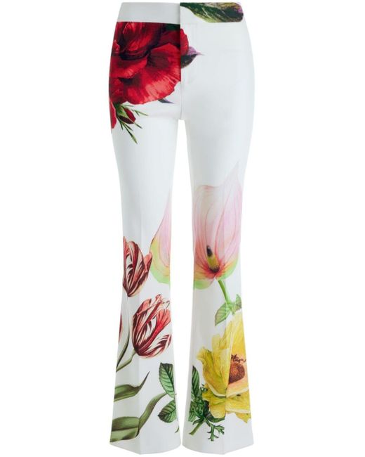 Alice + Olivia White Livi Floral-print Bootcut Trousers