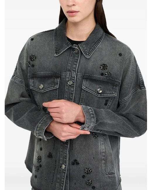 Liu Jo Gray Rhinestone-Embellished Denim Jacket