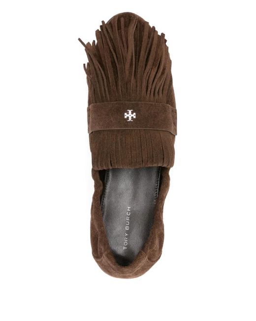 Tory Burch Brown Fringe-Detail Ballet Flats
