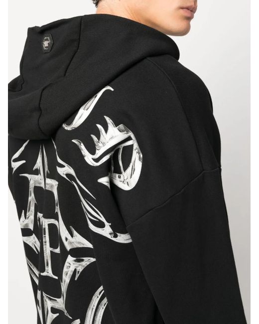 Philipp Plein Black Chrome Logo-Print Hoodie for men