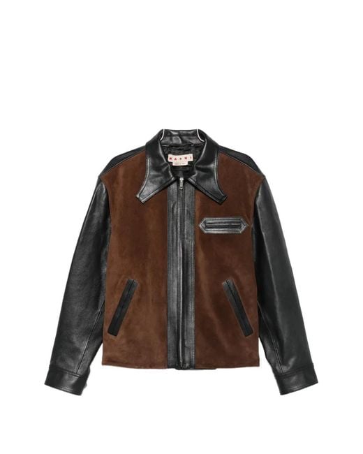 Marni Brown Panelled Zipped Leather Jacket for men