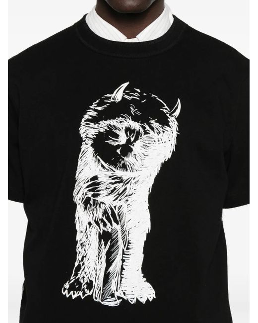 Sacai Black Graphic-Print Cotton T-Shirt for men