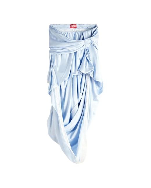 DIESEL Blue Draped Satin Midi Skirt With Lace-Trim