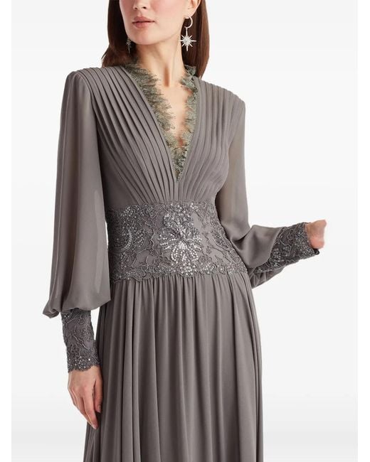 Tadashi Shoji Gray Pleated V-Neck Maxi Dress