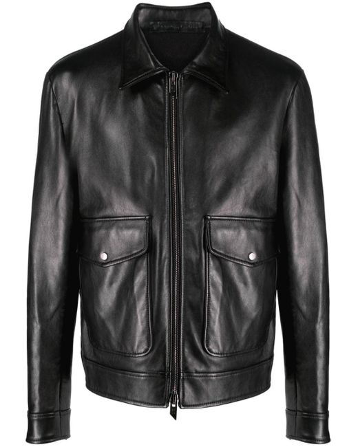 Salvatore Santoro Black Leather Zip-up Jacket for men