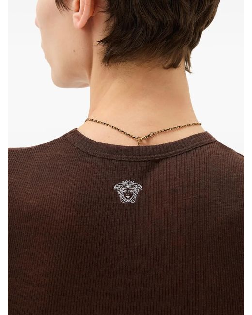 Versace Brown Embroidered Wool Ribbed Knit T-Shirt