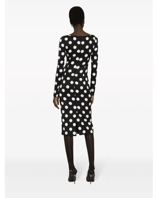 Dolce & Gabbana Black Sheath Midi Dress With Macro Polka Dots