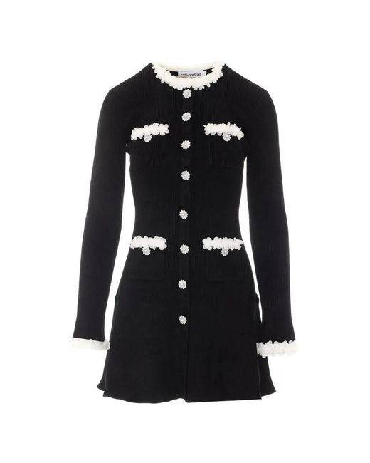 Self-Portrait Black Floral-Button Chenille-Knit Mini Dress