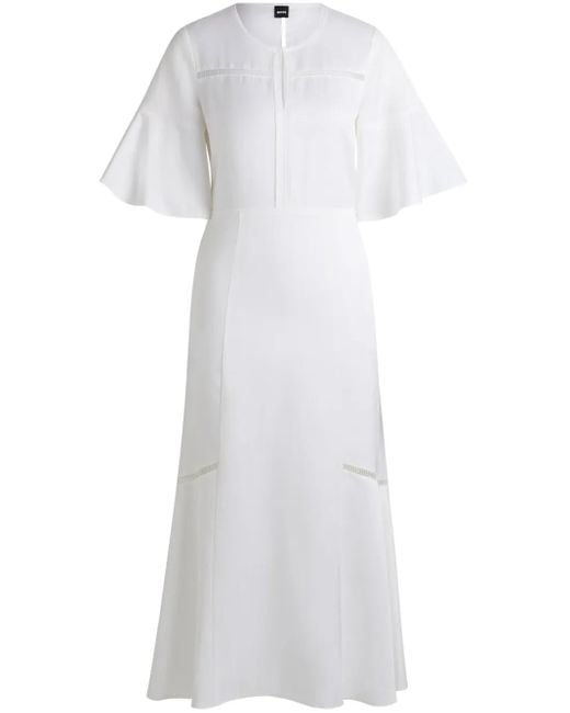 Boss White Perforated Linen Blend Flared Midi Dress