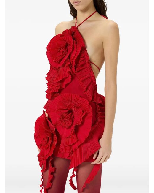 Blumarine Red Pleated-Rose Mini Dress