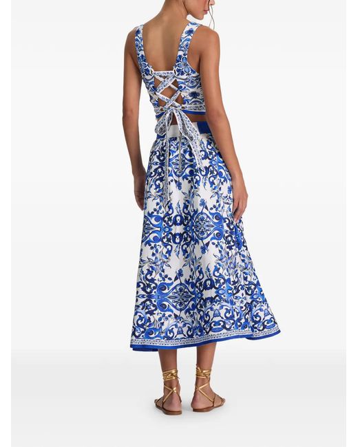 Alice + Olivia Blue Earla High-Waisted Flared Midi Skirt