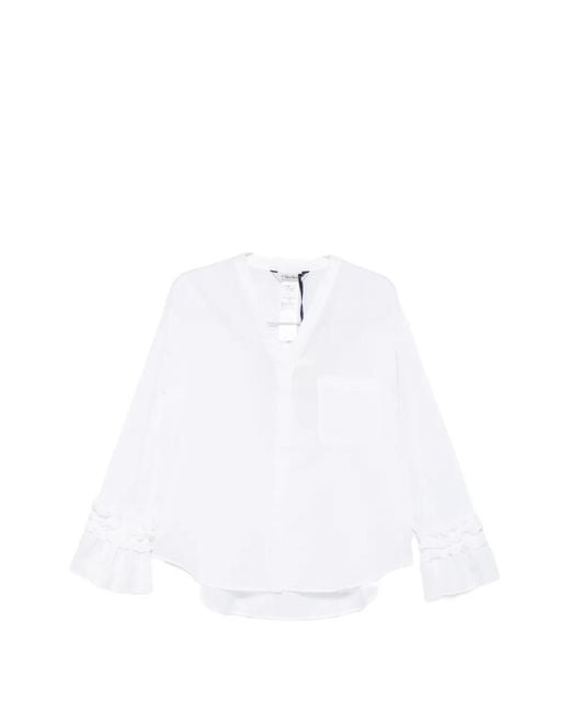 Max Mara White Ruffled-Cuff V-Neck Shirt