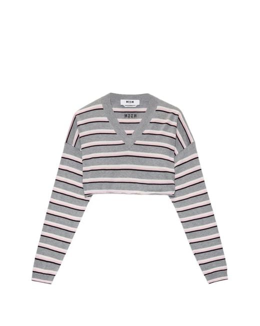 MSGM White Striped V-Neck Knitwear