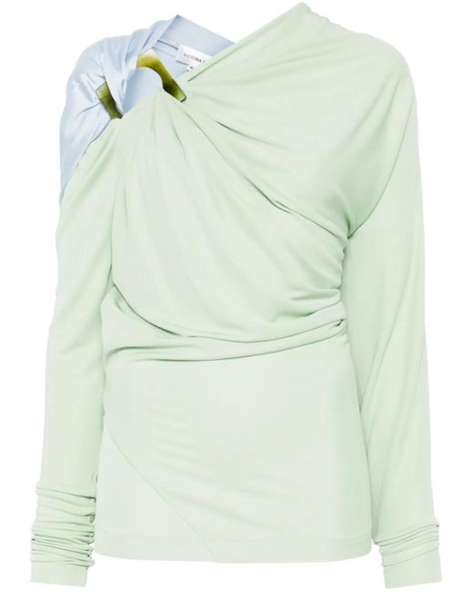 Victoria Beckham Green Two-Tone Jersey Draped Top With Asymmetric Cut