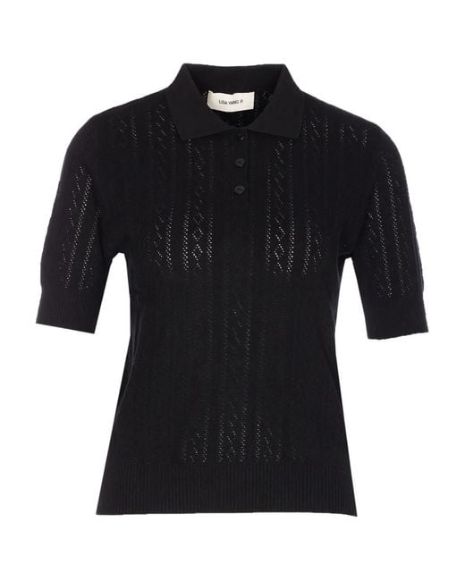 Lisa Yang Black Button Collar Polo Top