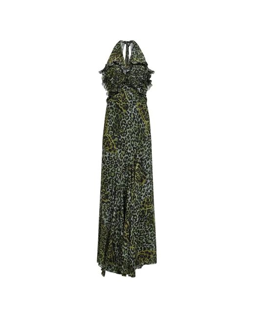Blumarine Green Leopard-Print Ruffled Dress