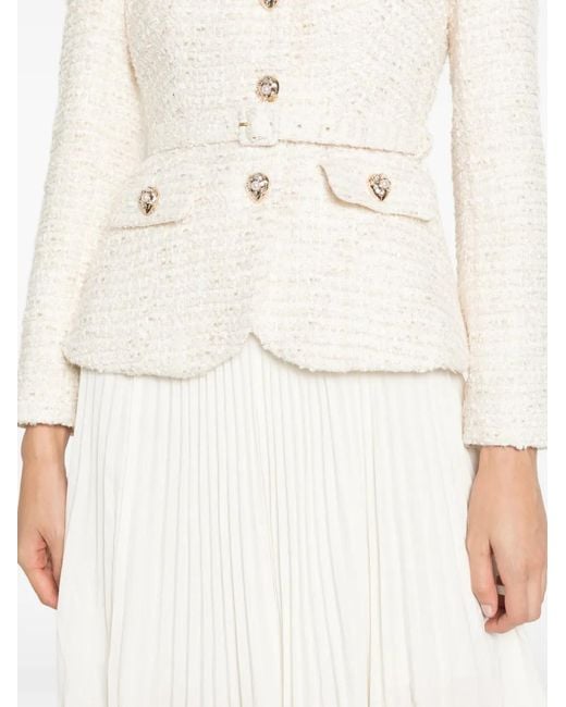 Self-Portrait White Bouclé-Knit Pleated Midi Dress