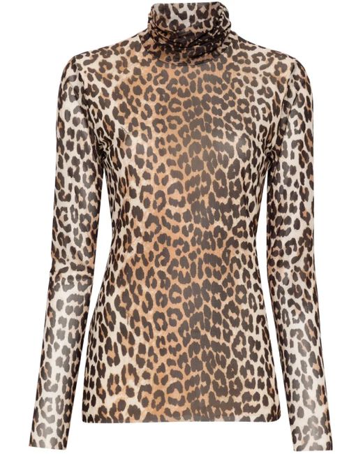 Ganni Brown Leopard-Print Mesh Top