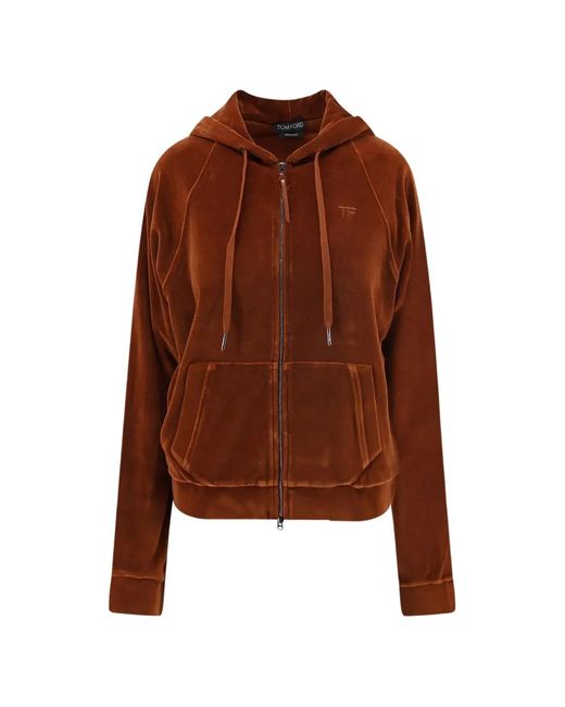 Tom Ford Brown Stretch Cotton Velour Zip Hoodie With Tonal Tf Embroidered Logo