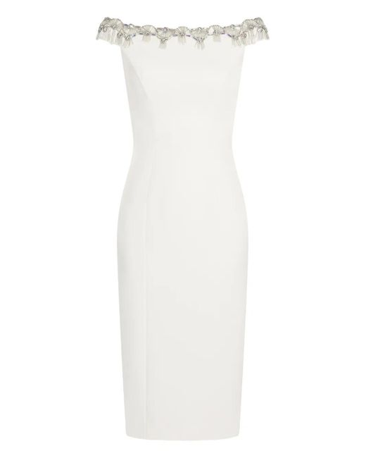 Jenny Packham White Valorie Beaded Off-Shoulder Midi Dress