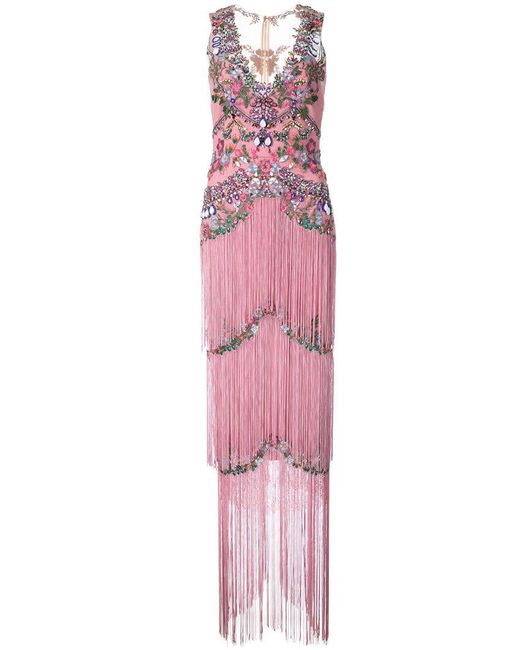 Marchesa notte Pink Beaded Fringe Evening Gown